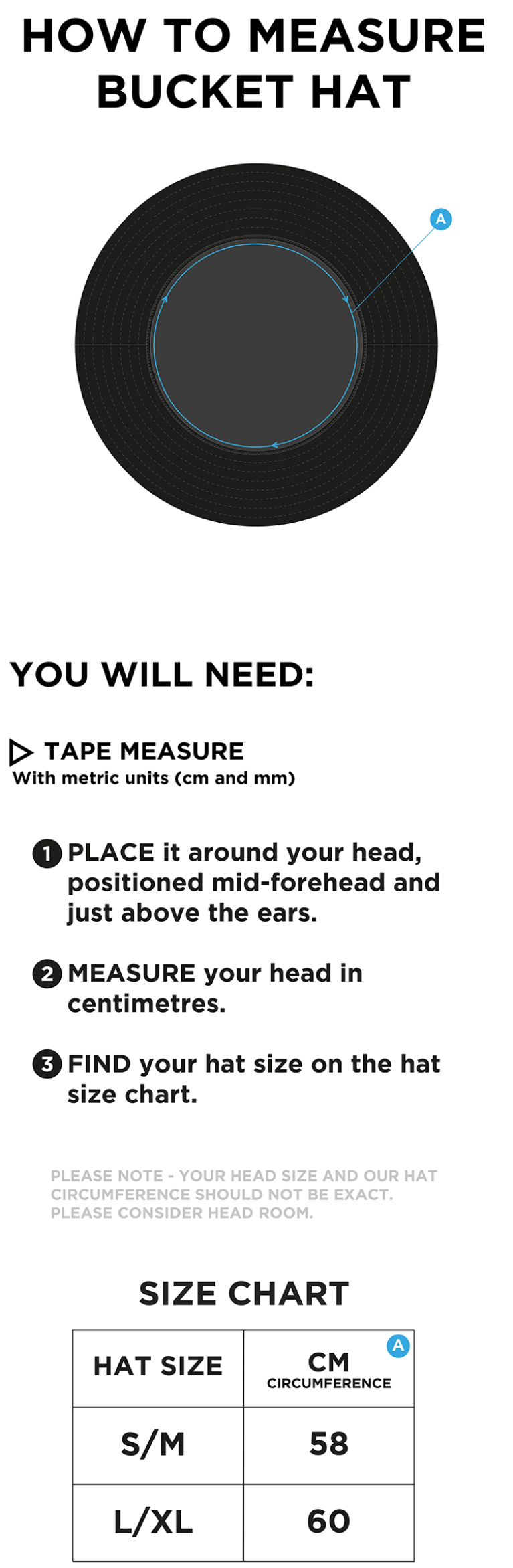 Ram CC - Dual Bucket Hat - Navy - Size Guide