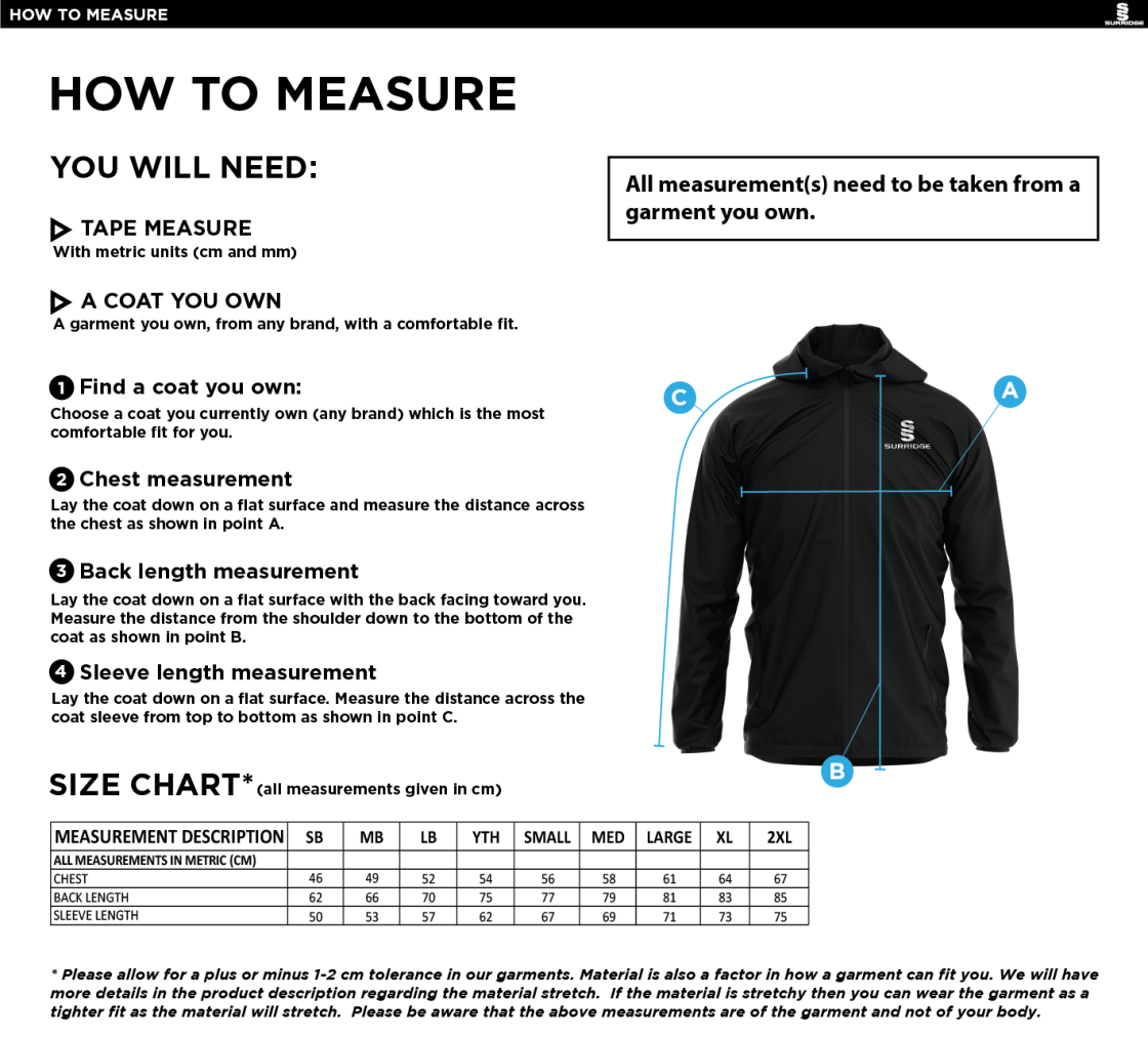 Ram CC - Dual Elite 1/4 Zip Hoody / Rain Jacket - Size Guide
