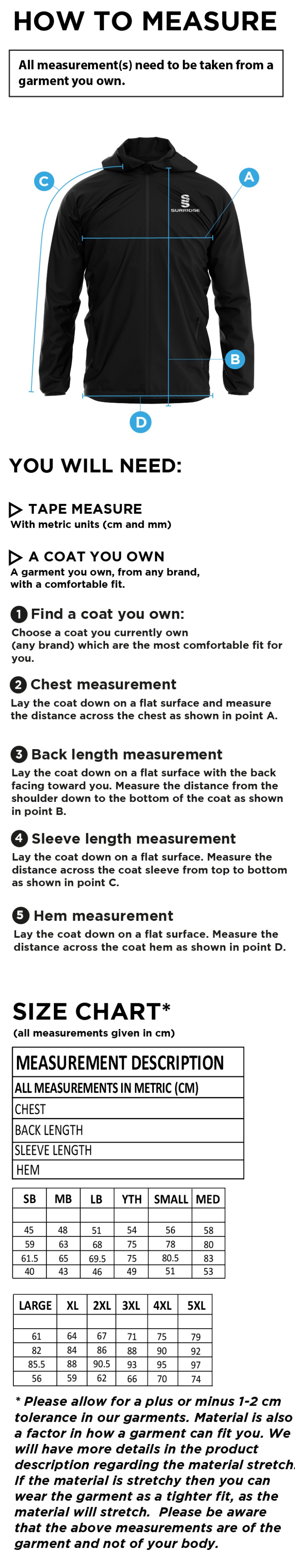 Ram CC - Dual Full Zip Training Jacket - Size Guide