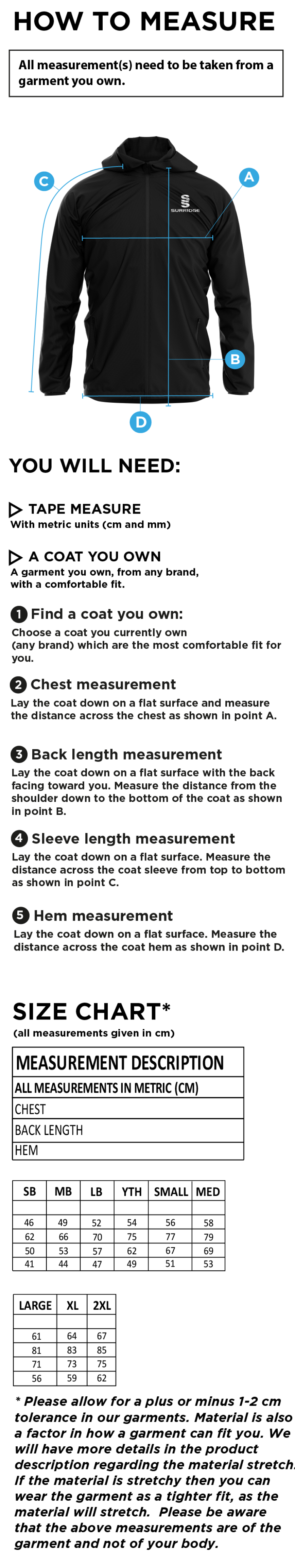 Ram CC - Dual Elite 1/4 Zip Hoody / Rain Jacket - Size Guide